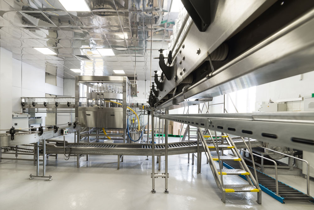 Produzione industriale di conserve, macchinario con rullo trasportatore